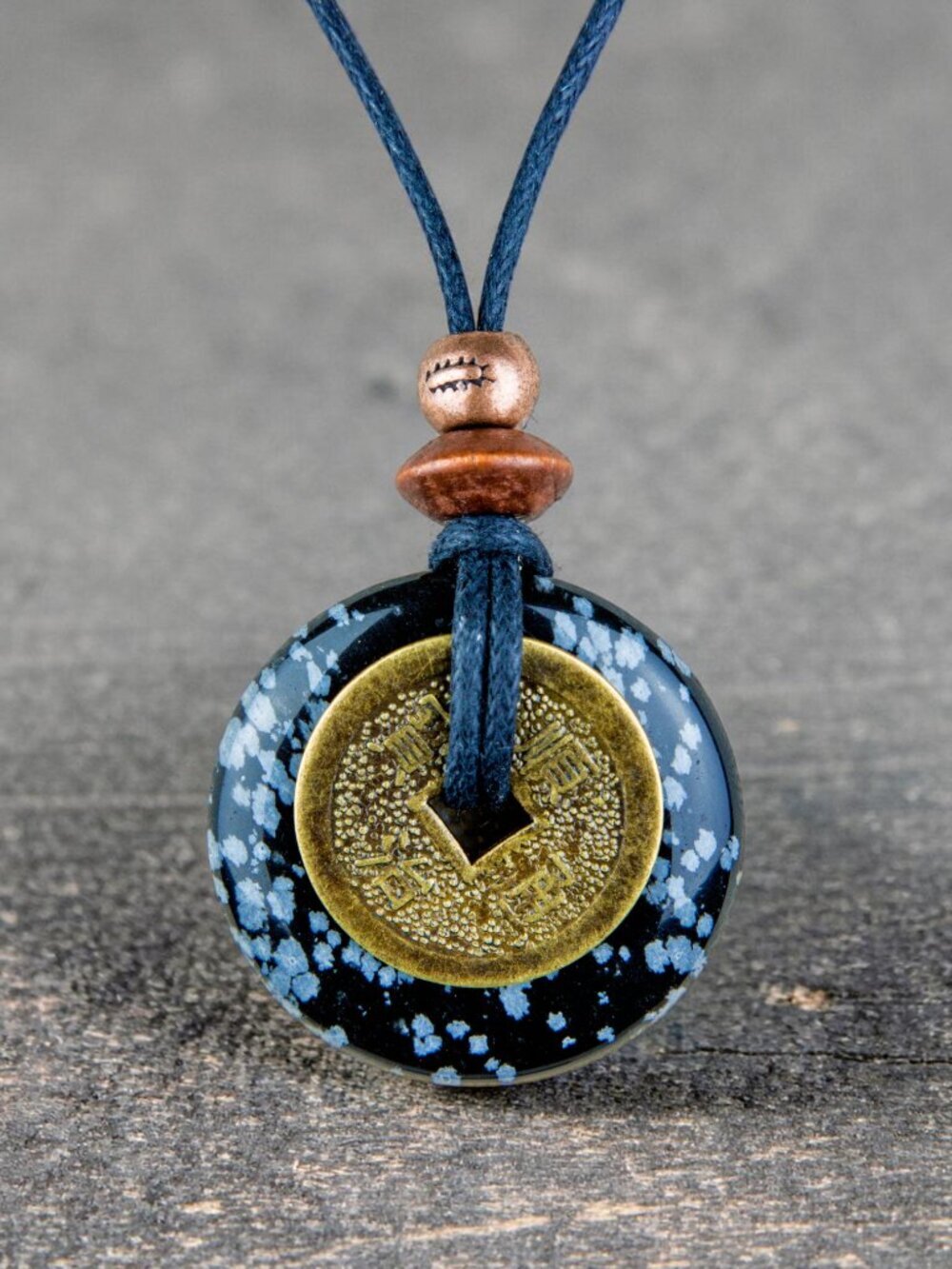 Snowflake Obsidian & Chinese Lucky Coin Necklace | Handmade